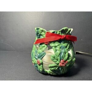 Vintage Ceramic Holly Wreath Candle Holder with Red Bow Christmas Tea Light Deco